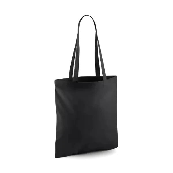 Black classic cotton tote bag with long handles and custom logo print, 140 g/m², 38 × 42 cm