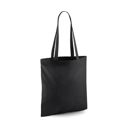 Black classic cotton tote bag with long handles and custom logo print, 140 g/m², 38 × 42 cm