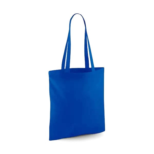 Bright royal blue classic cotton tote bag with long handles and custom logo print, 140 g/m², 38 × 42 cm