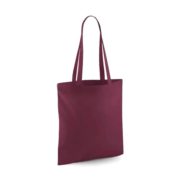 Burgundy red classic cotton tote bag with long handles and custom logo print, 140 g/m², 38 × 42 cm