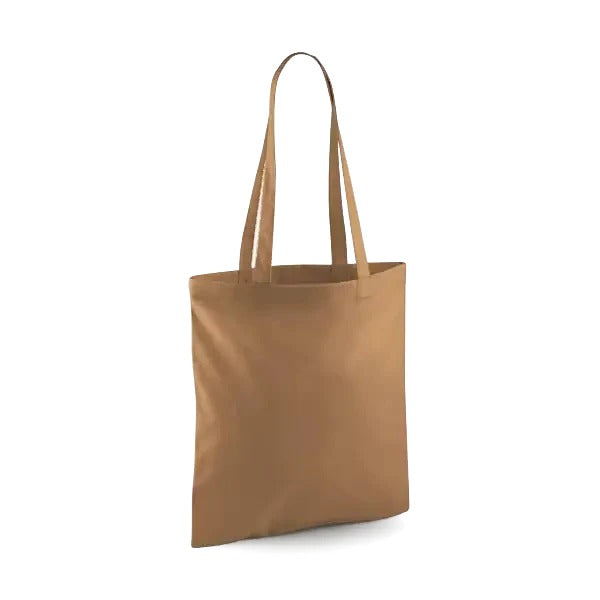 Caramel brown classic cotton tote bag with long handles and custom logo print, 140 g/m², 38 × 42 cm