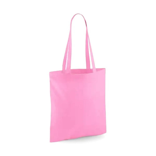 Classic pink cotton tote bag with long handles and custom logo print, 140 g/m², 38 × 42 cm