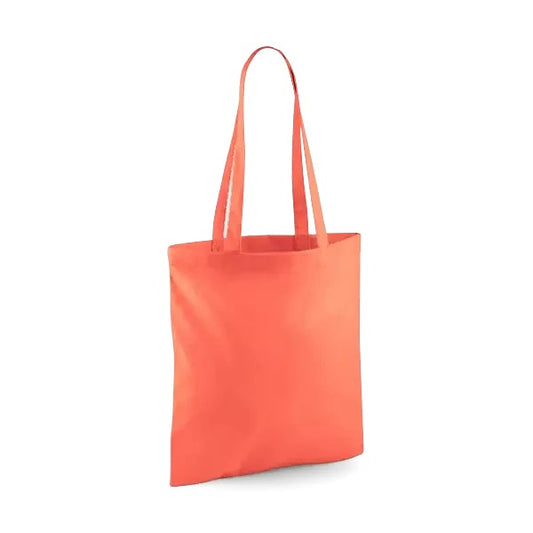Coral orange classic cotton tote bag with long handles and custom logo print, 140 g/m², 38 × 42 cm