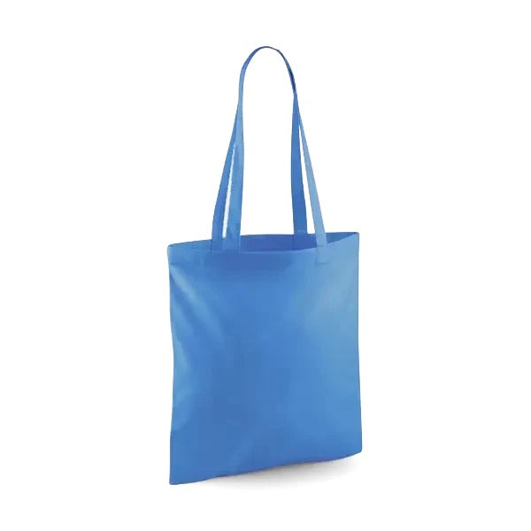 Cornflower blue classic cotton tote bag with long handles and custom logo print, 140 g/m², 38 × 42 cm