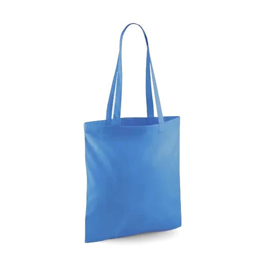 Cornflower blue classic cotton tote bag with long handles and custom logo print, 140 g/m², 38 × 42 cm