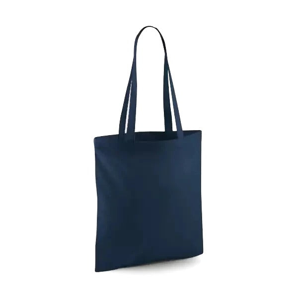 French navy blue classic cotton tote bag with long handles and custom logo print, 140 g/m², 38 × 42 cm
