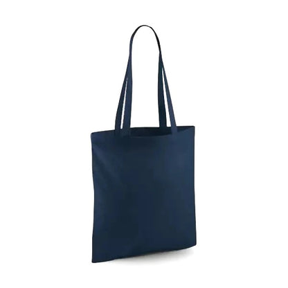 French navy blue classic cotton tote bag with long handles and custom logo print, 140 g/m², 38 × 42 cm