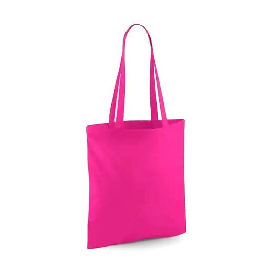 Fuchsia pink classic cotton tote bag with long handles and custom logo print, 140 g/m², 38 × 42 cm