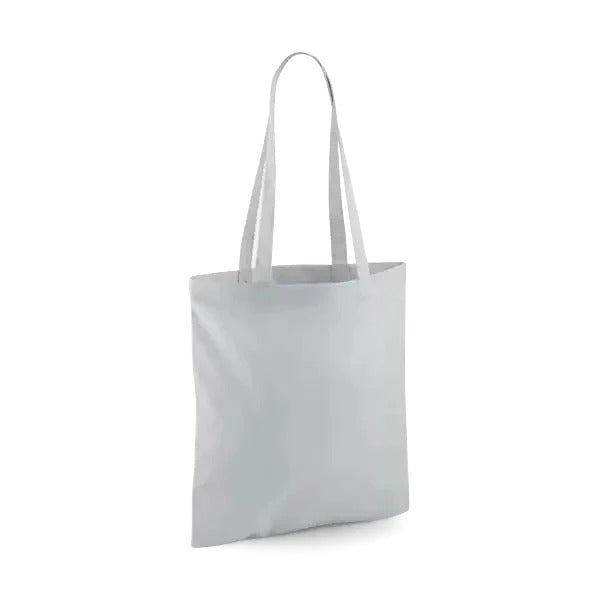 Light grey classic cotton tote bag with long handles and custom logo print, 140 g/m², 38 × 42 cm