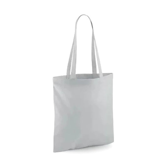 Light grey classic cotton tote bag with long handles and custom logo print, 140 g/m², 38 × 42 cm