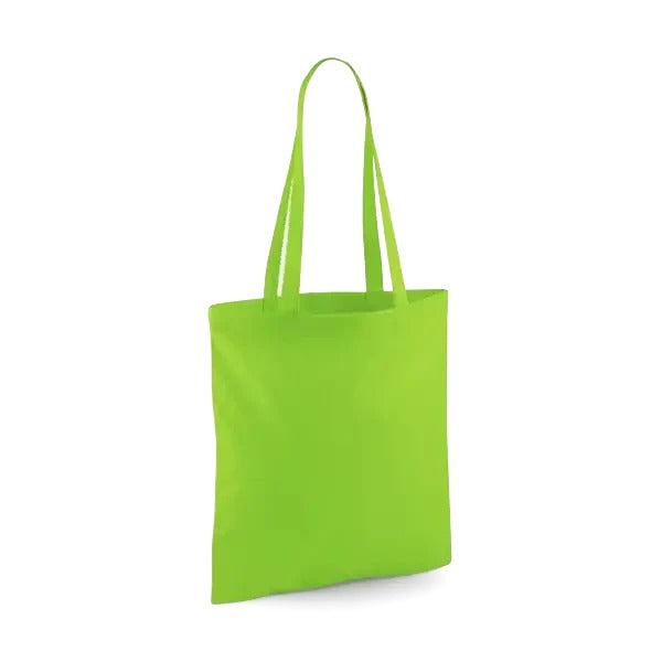 Lime green classic cotton tote bag with long handles and custom logo print, 140 g/m², 38 × 42 cm