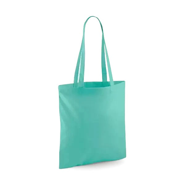 Mint green classic cotton tote bag with long handles and custom logo print, 140 g/m², 38 × 42 cm