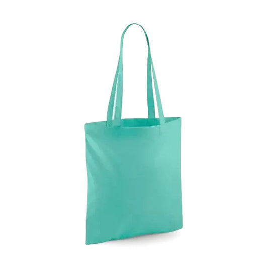 Mint green classic cotton tote bag with long handles and custom logo print, 140 g/m², 38 × 42 cm