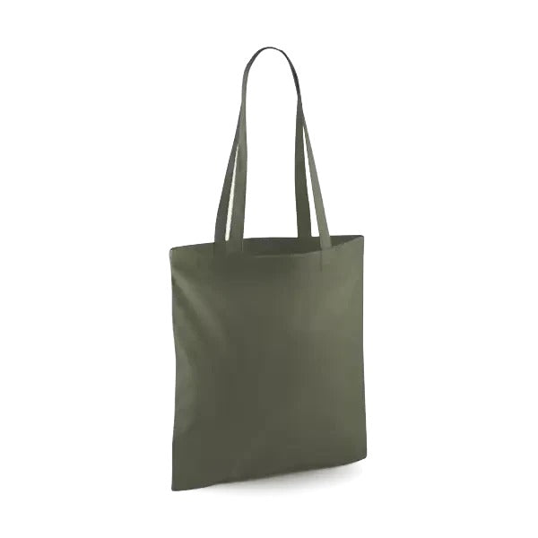 Olive green classic cotton tote bag with long handles and custom logo print, 140 g/m², 38 × 42 cm