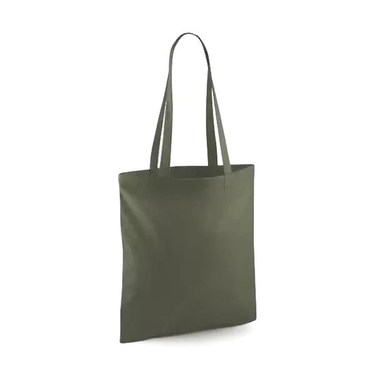 Olive green classic cotton tote bag with long handles and custom logo print, 140 g/m², 38 × 42 cm