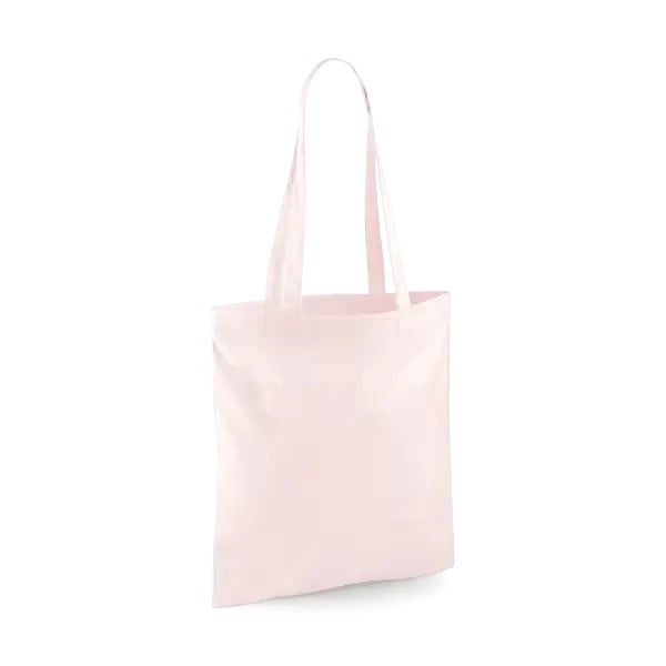 Pastel pink classic cotton tote bag with long handles and custom logo print, 140 g/m², 38 × 42 cm