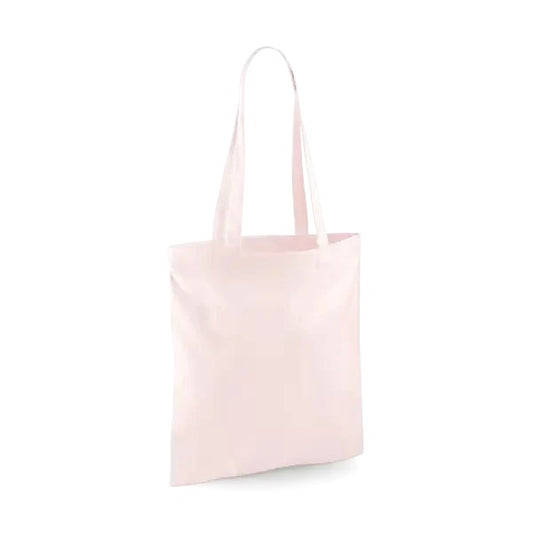 Pastel pink classic cotton tote bag with long handles and custom logo print, 140 g/m², 38 × 42 cm