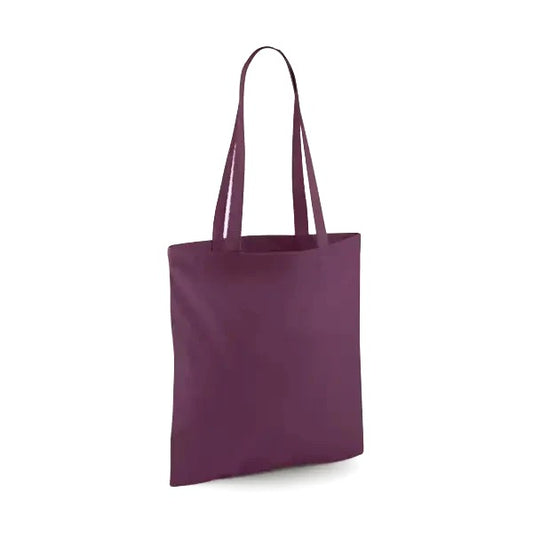 Plum purple classic cotton tote bag with long handles and custom logo print, 140 g/m², 38 × 42 cm