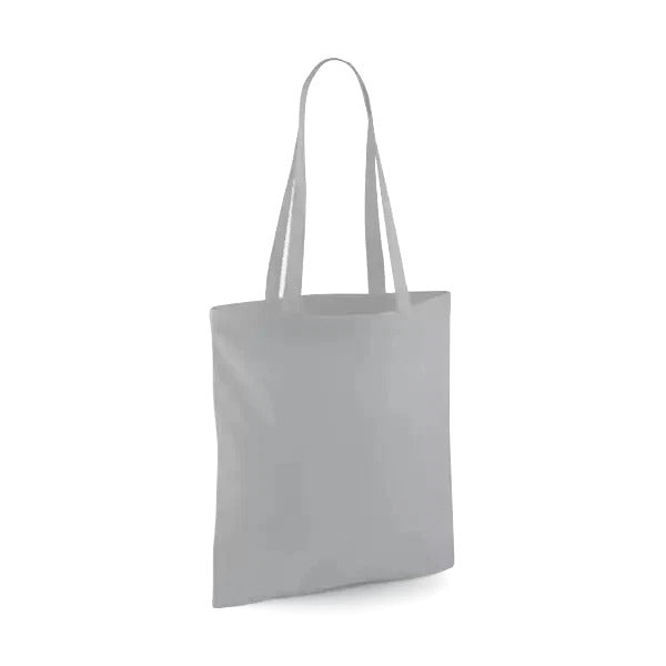Pure grey classic cotton tote bag with long handles and custom logo print, 140 g/m², 38 × 42 cm