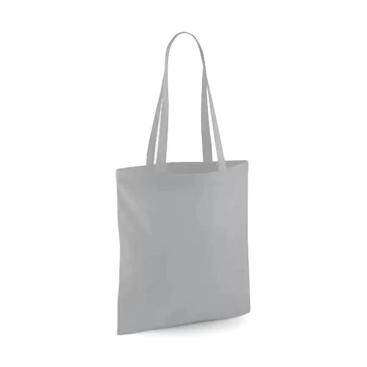 Pure grey classic cotton tote bag with long handles and custom logo print, 140 g/m², 38 × 42 cm