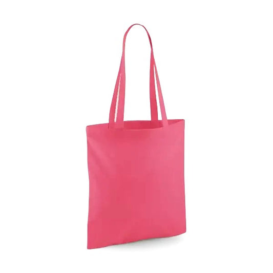 Raspberry pink classic cotton tote bag with long handles and custom logo print, 140 g/m², 38 × 42 cm