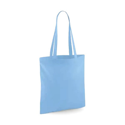 Sky blue classic cotton tote bag with long handles and custom logo print, 140 g/m², 38 × 42 cm