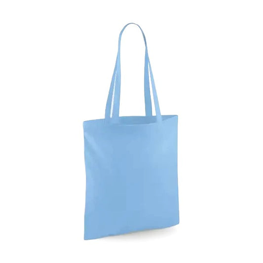 Sky blue classic cotton tote bag with long handles and custom logo print, 140 g/m², 38 × 42 cm