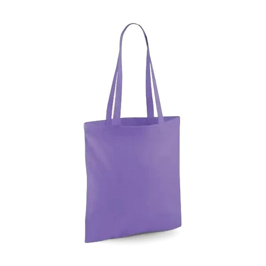 Violet purple classic cotton tote bag with long handles and custom logo print, 140 g/m², 38 × 42 cm