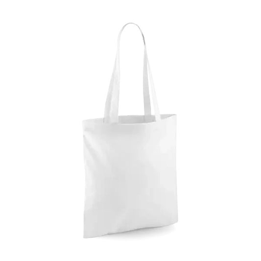 White classic cotton tote bag with long handles and custom logo print, 140 g/m², 38 × 42 cm