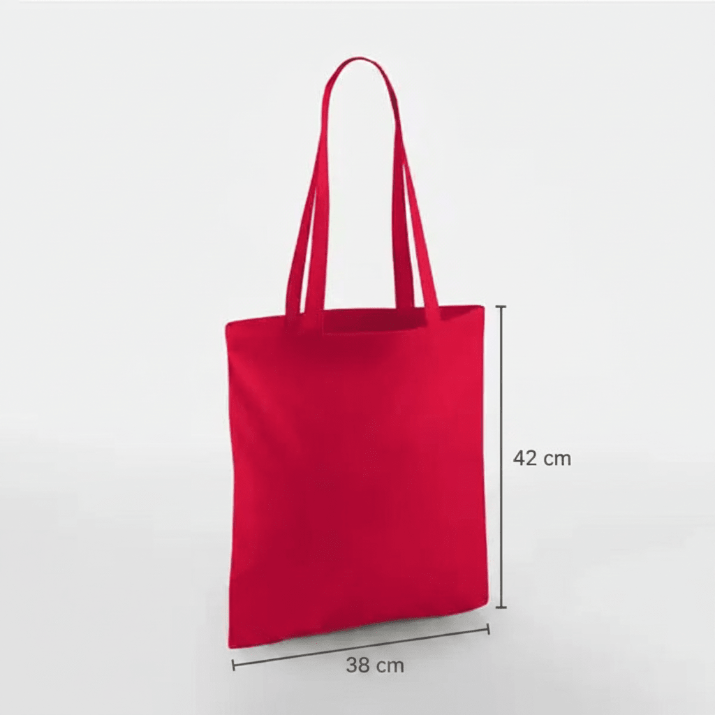 Klassisk rød mulepose, 38 × 42 cm, 140 g/m² bomuld med lange hanke – alternativt produktfoto