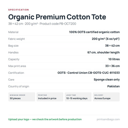 Specifiche della borsa in tela di cotone biologico premium 38 × 42 cm: 100% cotone biologico certificato GOTS, 200 g/m², 10 litri, manici da 67 cm, area di stampa di 33 × 36 cm