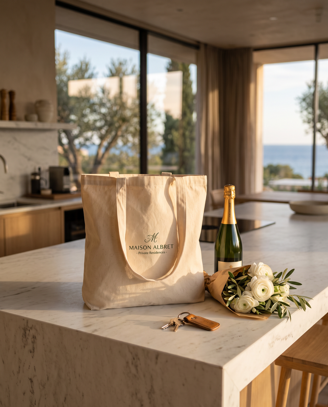 Borsa in tela naturale con un logo immobiliare discreto sull'isola della cucina di una villa, con chiavi, champagne e fiori come regalo al rogito