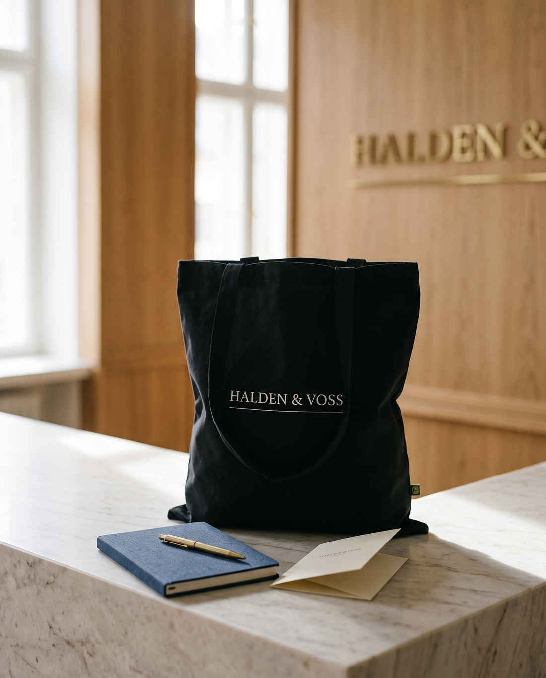Sort mulepose med tryk af et advokatfirmas logo på en receptionsskranke i marmor, med notesbog og pen som velkomstpakke til klienter