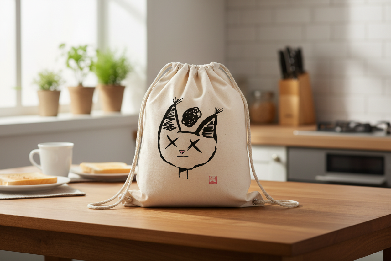 Kordelzugbeutel mit Kai-Chan-Design auf einem Küchentisch