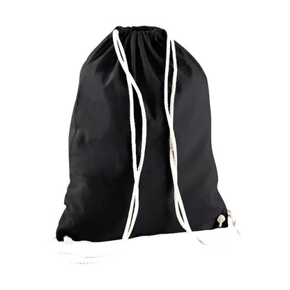 Black drawstring cotton gymsac with custom logo print, 140 g/m²