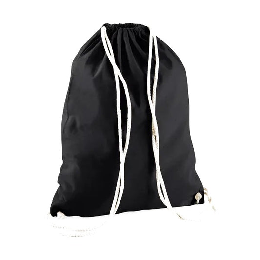 Black drawstring cotton gymsac with custom logo print, 140 g/m²