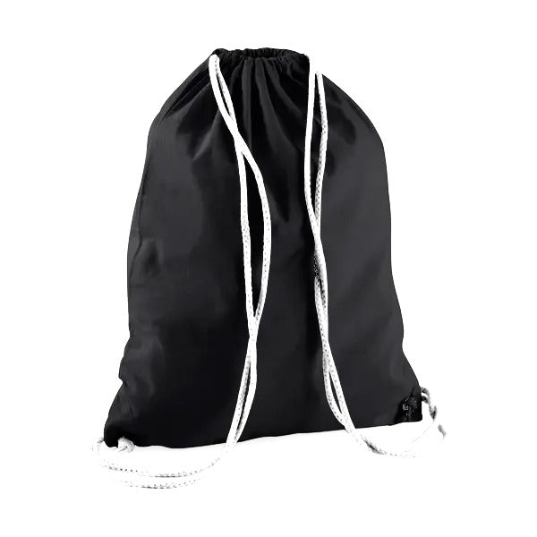 Black drawstring cotton gymsac with black strings and custom logo print, 140 g/m²