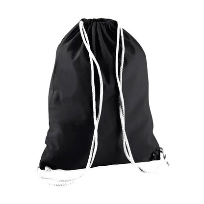 Black drawstring cotton gymsac with black strings and custom logo print, 140 g/m²