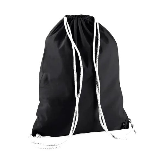 Black drawstring cotton gymsac with black strings and custom logo print, 140 g/m²
