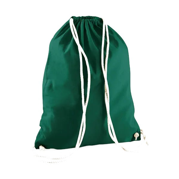 Bottle green drawstring cotton gymsac with custom logo print, 140 g/m²