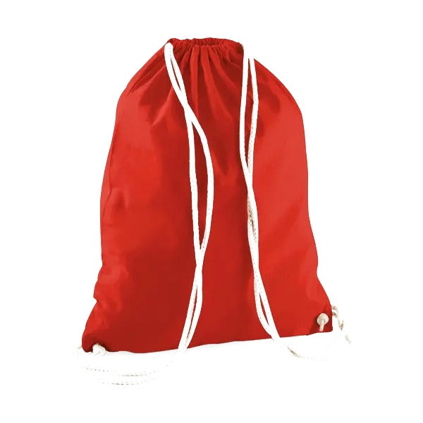 Bright red drawstring cotton gymsac with custom logo print, 140 g/m²