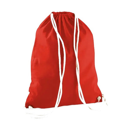 Bright red drawstring cotton gymsac with custom logo print, 140 g/m²