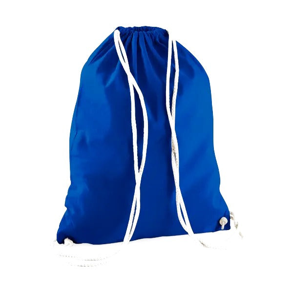 Bright royal blue drawstring cotton gymsac with custom logo print, 140 g/m²