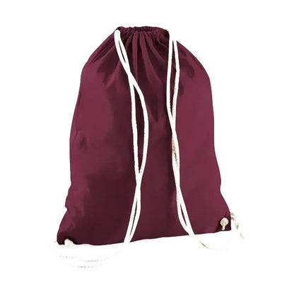 Burgundy red drawstring cotton gymsac with custom logo print, 140 g/m²