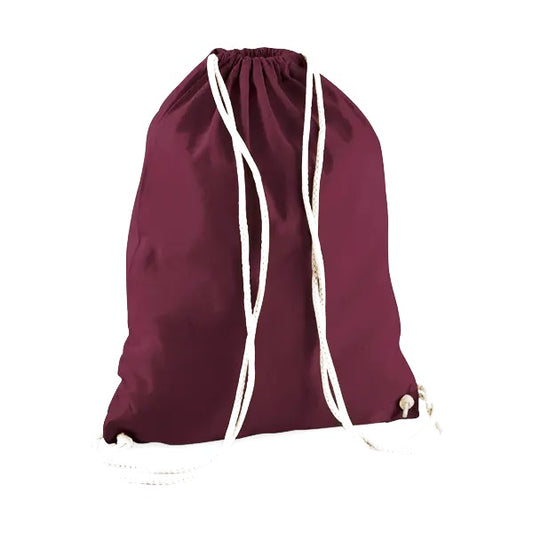 Burgundy red drawstring cotton gymsac with custom logo print, 140 g/m²
