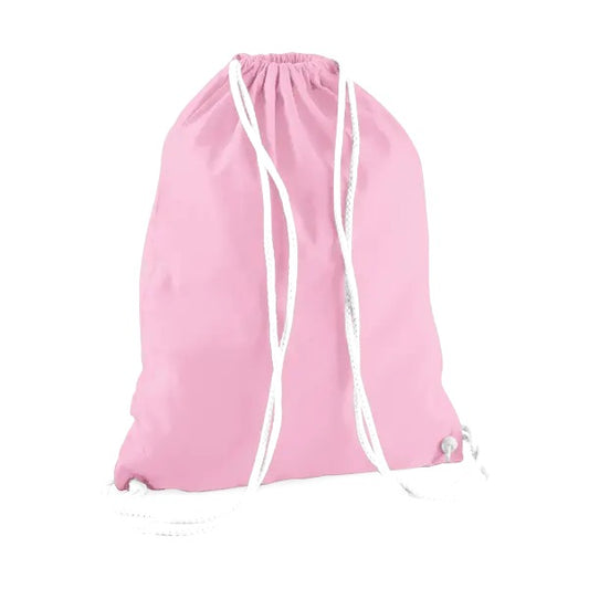 Classic pink drawstring cotton gymsac with white cords and custom logo print, 140 g/m²