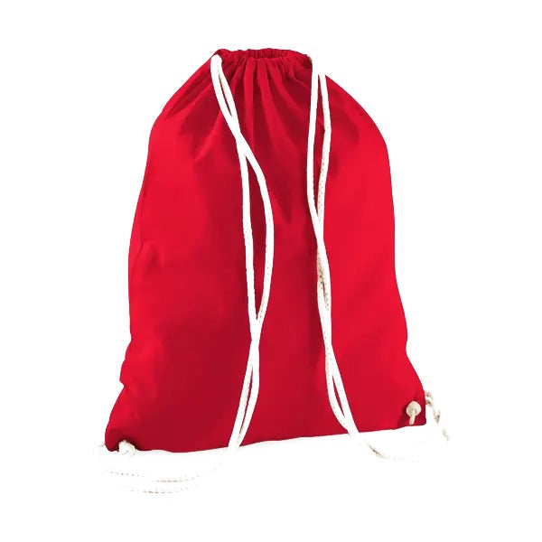 Classic red drawstring cotton gymsac with custom logo print, 140 g/m²