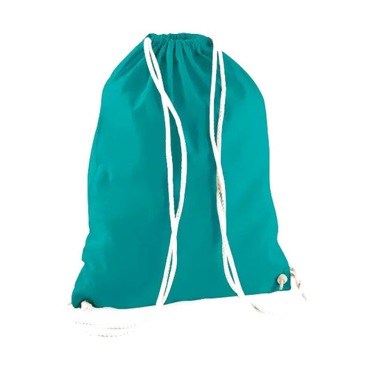 Emerald green drawstring cotton gymsac with custom logo print, 140 g/m²