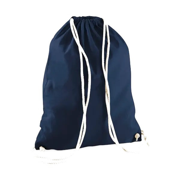 French navy blue drawstring cotton gymsac with custom logo print, 140 g/m²