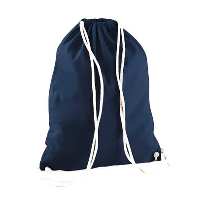 French navy blue drawstring cotton gymsac with custom logo print, 140 g/m²